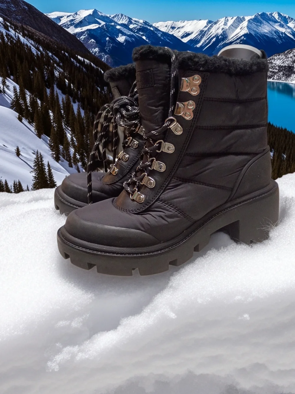 New Tory Burch Gressame Generation Black Quilted Faux-Fur Lug Sole Winter Boots